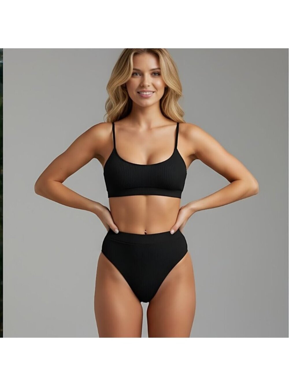 Black Ribbed High Waist Bikini Bathing Suit